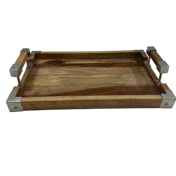The Unbranded Brand Other - Modern Industrial Wood Serving Tray with Silver Metal Handles Corner Brackets